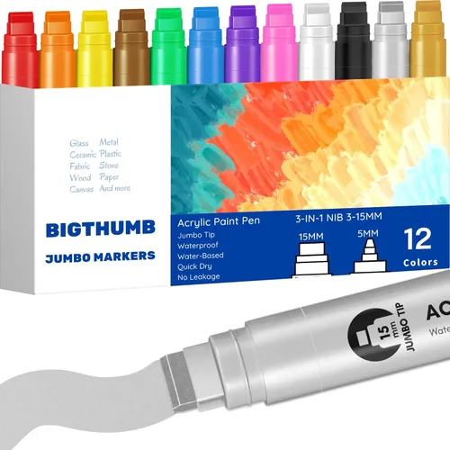 BIGTHUMB Juego de marcadores de póster jumbo: 12 colores, punta ancha de 15 mm, marcadores permanentes de pintura acrílica gruesa para pintura en