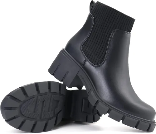 Miniatura 6 de JABASIC Botines gruesos para mujer, botas Chelsea sin cordones, botas elásticas