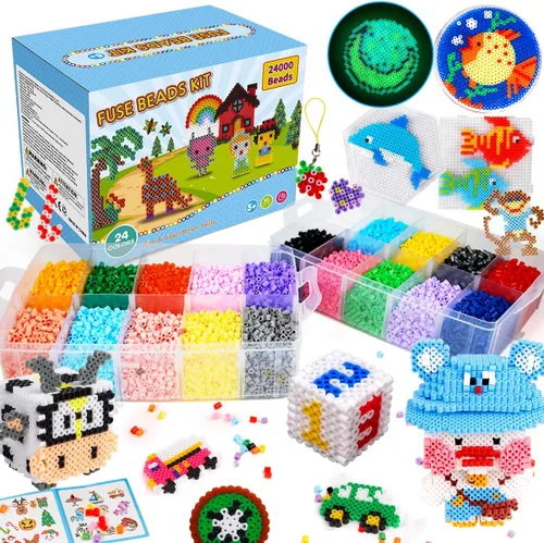 Meland Fuse Beads - Juego de 24000 cuentas de fusible para niños, juego de cuentas de hierro de 24 colores de 0.197 in con 4 colores fluorescentes,