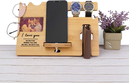 Miniatura 6 de Regalos para hombres – Estación de acoplamiento de madera personalizada – Organizador de mesita de noche grabado con soporte para teléfono, soporte