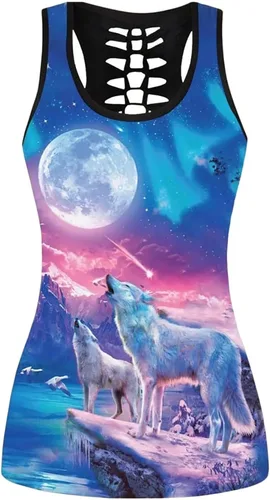 Miniatura 2 de Conjunto de dos piezas con estampado 3D y camiseta sin mangas con estampado en 3D para mujer, color nube, luna y lobo blanco