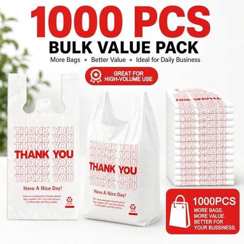 Miniatura 5 de YoYoRain 1000 Pack Bolsas de agradecimiento de playera blancas con asas, 11"x6"x21" Bolsas de plástico para compras para abarrotes, venta al por