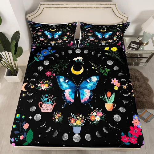 Miniatura 30 de Erosebridal Sábanas de cama de polilla de la muerte, sábana bajera ajustable de calavera gótica, tamaño individual, sábanas florales de flores
