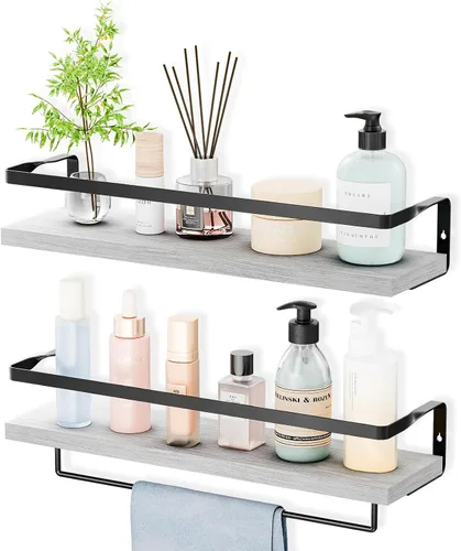 Miniatura 10 de Estantes de baño con toallero, estantes flotantes para baño, cocina, dormitorio, madera de paulownia, marco de metal negro mate, juego de 2