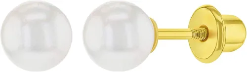 Aretes de seguridad de perlas blancas simuladas clásicas chapados en oro para niñas, aretes de perlas blancas tradicionales de imitación para bebés,