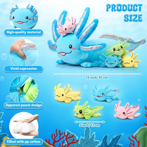 Miniatura 2 de Aoriher Juego de 5 piezas de peluche de ajolote de 24 pulgadas con 4 lindos bebés de peluche en el vientre, suave peluche para niños que duermen Azul