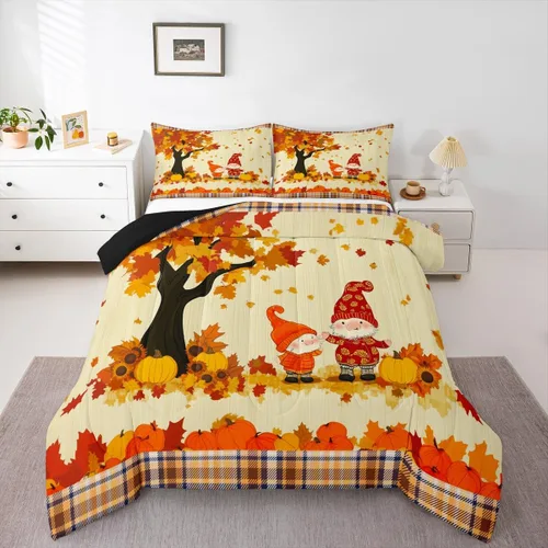 Miniatura 25 de Erosebridal Juego de edredón individual de pavo de Acción de Gracias, juego de ropa de cama de calabaza con hojas de otoño para niños y adultos