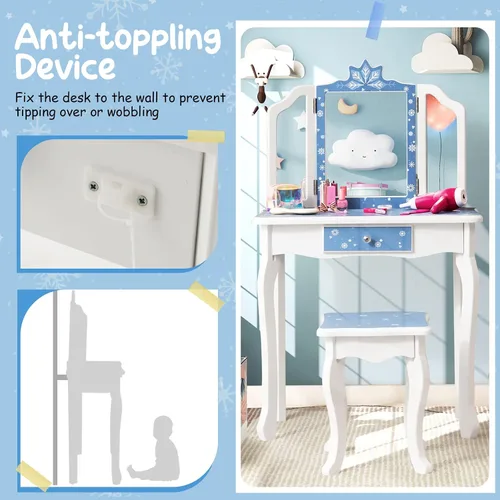 Miniatura 5 de GLACER Vanity - Tocador de maquillaje 2 en 1 con parte superior desmontable, espejo de tres pliegues, cajón, taburete, juego de mesa y silla