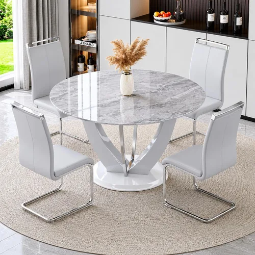 Miniatura 54 de Juego de mesa de comedor redonda para 4, mesa moderna de 48" con tapa de mármol sintético falso y pedestal brillante negro, juego de mesa de cocina