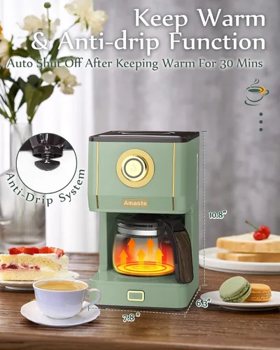 Miniatura 6 de Amaste Cafetera, Máquina de Café de Goteo Estilo Retro de 25 Oz con Jarra de Café de Vidrio con Filtro de Café Reutilizable y Tres Modos