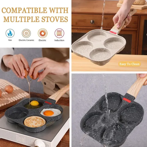 Miniatura 3 de JUSTUP Sartén antiadherente para huevos, sartén dividida para huevos, mango resistente al calor, sartén de 3 secciones, sartén para tortilla