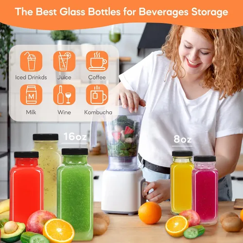 Miniatura 4 de STARSIDE - Botellas de vidrio para jugo de 8 onzas con tapas, paquete de 12 - Frascos reutilizables cuadrados para exprimir, leche, kombucha