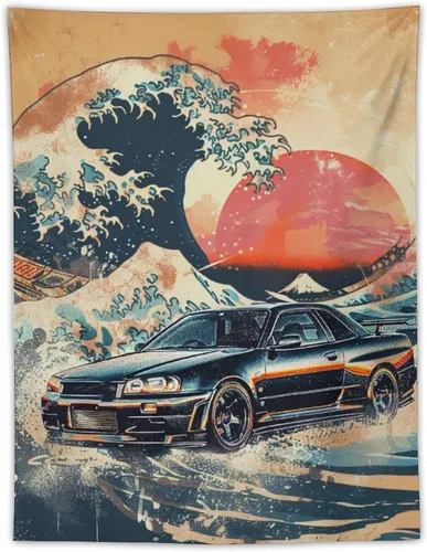 Miniatura 34 de QEOPGNE Tapiz grande para colgar en la pared, diseño de puente de puerta dorada, grandes olas, japonés, retro, Jdm, auto, R34, tapiz para 2