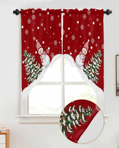 Miniatura 2 de BEMIGO Cortinas de cocina de Navidad, lindas cortinas de granja con muñeco de nieve azul, cenefa con bolsillo para barra de copos de nieve