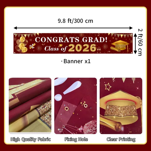 Miniatura 2 de Decoraciones de graduación 2026 Congrats Grad Class of 2026 - Cartel de graduación granate y dorado para patio, decoraciones colgantes