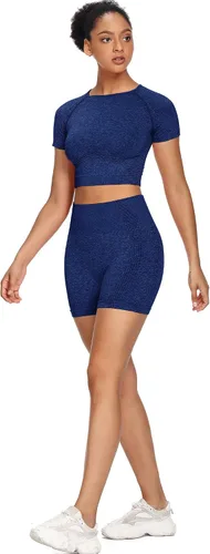 Miniatura 3 de Sytiz Conjunto de 2 piezas de yoga sin costuras para mujer, pantalones cortos de gimnasio y camiseta corta de manga corta