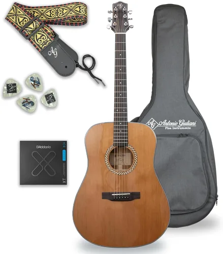 Antonio Giuliani DN-3 Guitarra acústica de caoba con estuche de transporte y accesorios - Paquete completo de guitarra - Dreadnought