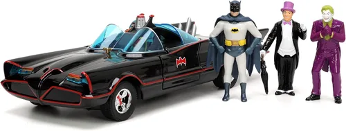 Toy Cars DC Comics Serie de TV clásica 1:24 Batman Batmobile - Coche fundido a presión y figuras de Batman, Robin, Pingüino y el Joker de 2.75