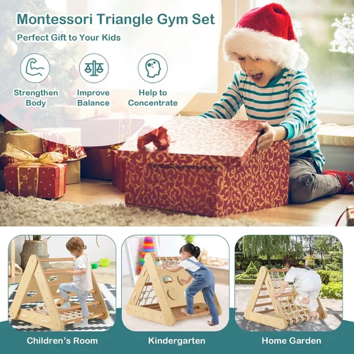 Miniatura 2 de Costzon Juguete de escalada 4 en 1 para niños pequeños, trepador de triángulo de madera Montessori de 3 lados con rampa deslizante, red de escalada