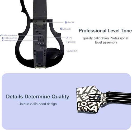 Miniatura 8 de Violín eléctrico de fibra de carbono premium tamaño completo 4/4, violín eléctrico silencioso profesional para adultos y adolescentes, violín