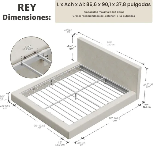Miniatura 2 de RECCI AirFrame - Marco de cama tamaño King con cabecero, base de cama de plataforma tapizada en nube, espuma de 5 pulgadas acolchada, sin somier