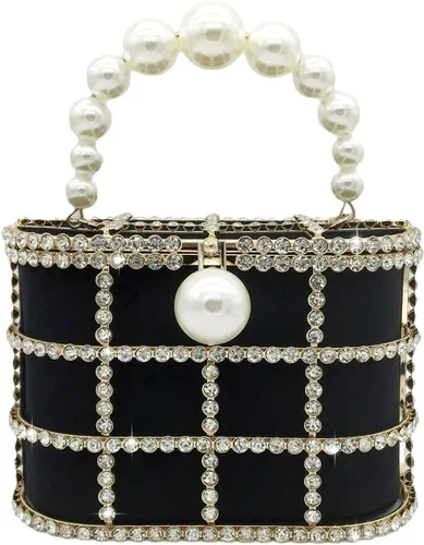 Boutique De FGG Elegant Evening Handbag with Pearl Rhinestone Bucket Bag Crystal Clutch Purses for Wedding Party Small Tote