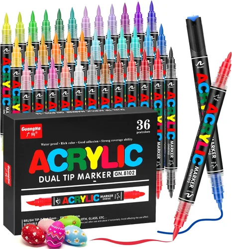 JRQ Marcadores de pintura acrílica de 36 colores de doble punta, 0.14 oz de gran capacidad, pincel y punta fina para madera, pintura roca, vidrio,