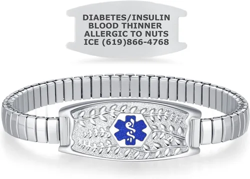 Miniatura 14 de Pulsera de Alerta Médica Elástica Oliva Divoti – Etiqueta de ID de Acero Inoxidable Grabada Personalizada – Hipoalergénica, Sin Cierre