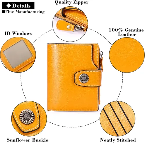 Miniatura 5 de FALAN MULE - Cartera pequeña plegable para mujer de cuero genuino, compacta, con bloqueo RFID, Aa_Yellow), 5206