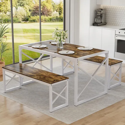 Miniatura 12 de VECELO Juego de mesa de comedor de cocina de 43.3 pulgadas para 4, marco de acero resistente y mesa de grano de madera, juegos de comedor que