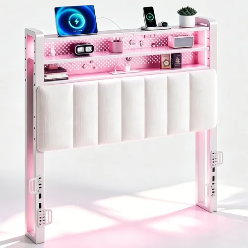 Miniatura 16 de VINGLI Cabecera LED Queen con 3 estantes de almacenamiento y estación de carga, moderna cabecera tapizada con luces RGB, puertos USB y toma de Lino