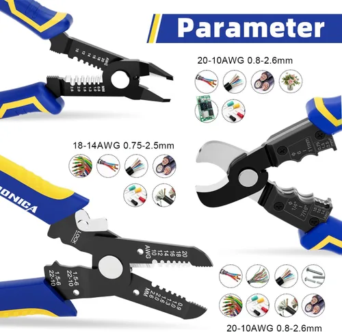 Miniatura 2 de haisstronica Juego de herramientas pelacables para bricolaje, 10-20AWG, paquete de 3 pelacables manual y cortadores de desbaste y cortadores