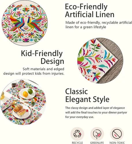 Miniatura 3 de Juego de 6 manteles individuales coloridos con diseño de pájaro mexicano, de lino étnico, lavables, resistentes al calor, para cocina, comedor