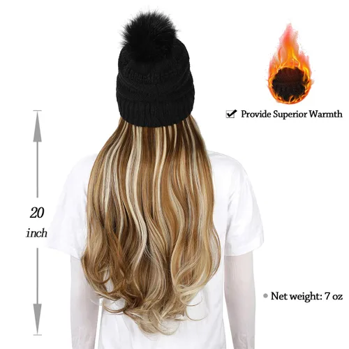 Miniatura 6 de Qlenkay Gorro con extensiones de cabello largo ondulado y rizado, gorra de punto negro adjunta de 20 pulgadas, peluca sintética desmontable, pompón