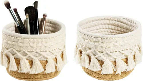 Miniatura 7 de HEAVYWOOD Organizador de brochas de maquillaje de macramé de 3.9 x 3.9 pulgadas, mini contenedores de maquillaje, bohemios, pequeños, redondos