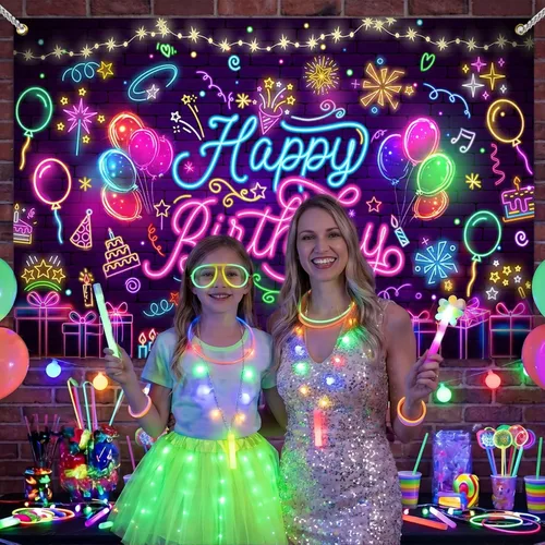 Miniatura 3 de Mocsicka Neon Happy Birthday Banner Backdrop Glow in The Dark Graffiti Party Backdrop Decorations for Kids Adults Mustic Let's Glow Birthday