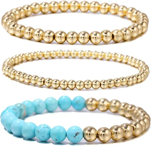 YBMYCM - Brazalete de cuentas chapadas en oro de 14 quilates, delicado y apilable, para mujeres y niñas