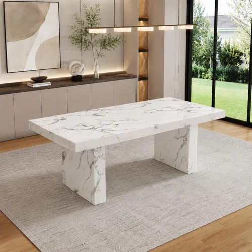 Miniatura 18 de gopop Mesa de comedor de mármol de 63 pulgadas, tablero de mesa de comedor MDF con patrón de mármol y base para cocina y comedor.