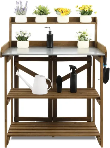 Miniatura 11 de PetsCosset - Banco de jardinería con mesa de trabajo al aire libre, de madera, con superficie de mesa metálica, gabinete, cajón, estante inferior