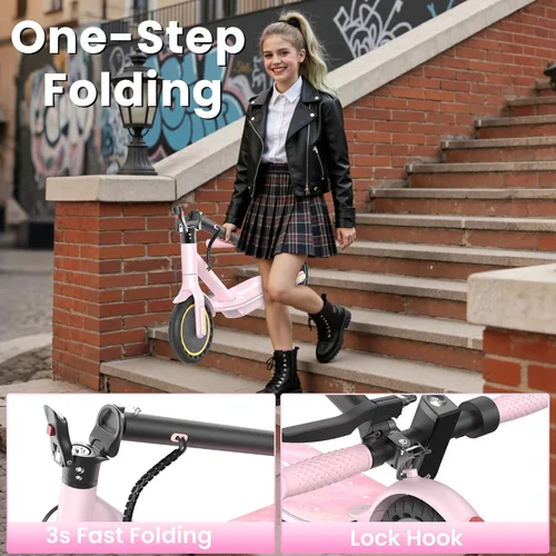 Miniatura 6 de WERHY Scooter eléctrico plegable para niños, motor de 350 W, alcance máximo de 12/16 millas, velocidad máxima de 19 MPH, neumático sólido de 8.5 Rosa