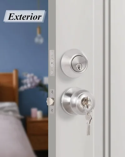 Miniatura 4 de Paquete de 2 pomos de puerta idénticos con llave, cerrojo de seguridad de un solo cilindro, pomos clásicos de níquel satinado para puerta exterior