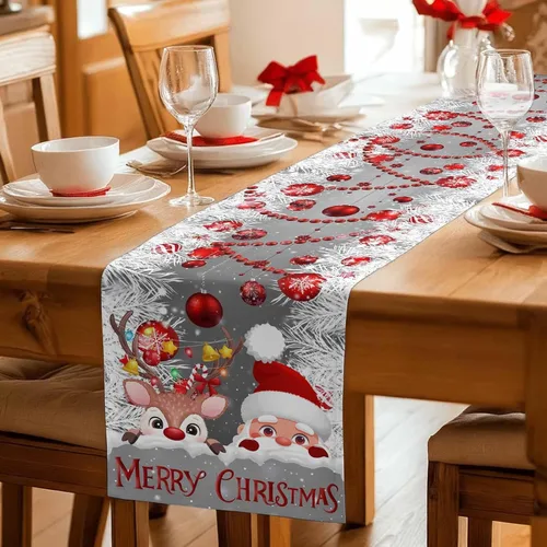 Miniatura 6 de Camino de mesa de Navidad con alce de Papá Noel gris de 120 pulgadas de largo, bufandas de vestir de granja, bolas de Navidad rojas, copo de nieve
