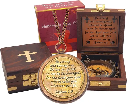 Trust in The Lord with All Your Heart - Brújula grabada con cita de Proverbios 3:5-6 con caja de madera, tarjeta de felicitación, brújula de regalo,