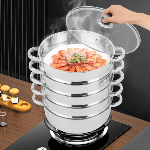 Olla de vapor para cocinar olla de vapor de acero inoxidable de 5 niveles con tapa, ollas de vapor de 11.8 pulgadas, utensilios de cocina con mango