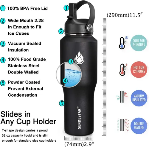 Miniatura 5 de SENDESTAR - Botella de agua de 0,9 L, 2 tapas (tapa con pajita), boca ancha de acero inoxidable aislada al vacío, doble pared, mantiene los líquidos