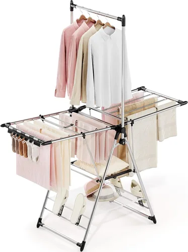 APEXCHASER Tendedero de secado de ropa con colgador alto, estantes de secado plegables de 3 niveles con zapatero, barra transversal y barra vertical