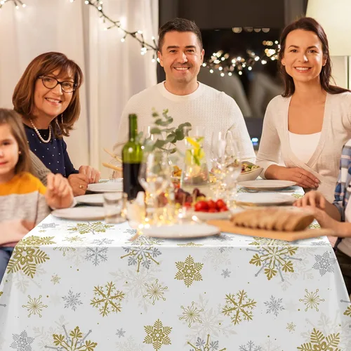 Miniatura 7 de 3 Piezas Decoraciones de Mantel de Fiesta de Plástico con Copos de Nieve de Navidad, Cartel de Fondo Navideño Azul con Copo de Nieve Blanco Cubierta