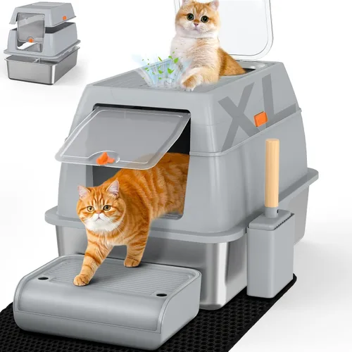 Miniatura 9 de SZEE Caja de Arena de Acero Inoxidable, Caja de Arena para Gatos de Metal Cerrada XL con Salida Superior con Tapa y Recinto, Control de Olores