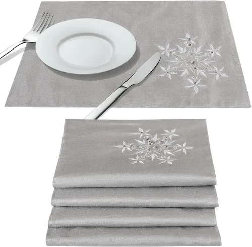 OWENIE Juego de 4 manteles individuales de mesa de Navidad, manteles individuales plateados con bordado de lentejuelas, manteles individuales grises