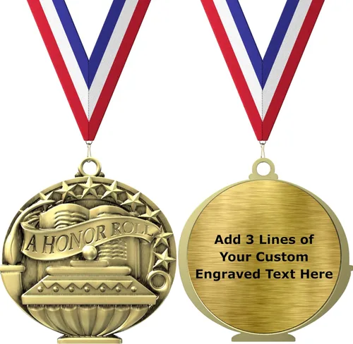 Miniatura 10 de Express Medals Pack of 10 (or More) Engraved Scholastic Honor Roll Award Medals with RWB Neck Ribbons